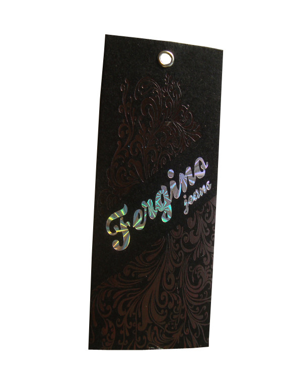 Personalized Custom Costume Black Paper Swing Tags Debossed Holographic Logo