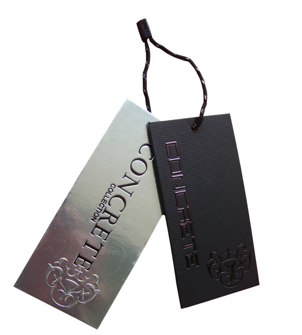 Recycled Silver Paper Swing Tags Luxury Clothing Hangtag Emboss Black Foil Logo